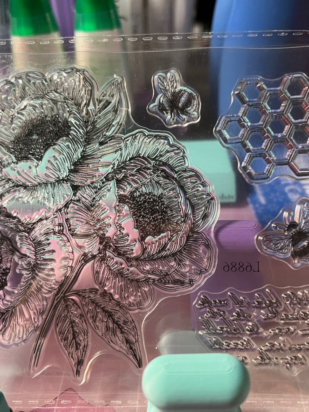 NWOT Acrylic Floral Stamp with bees and sentiment #L6886.